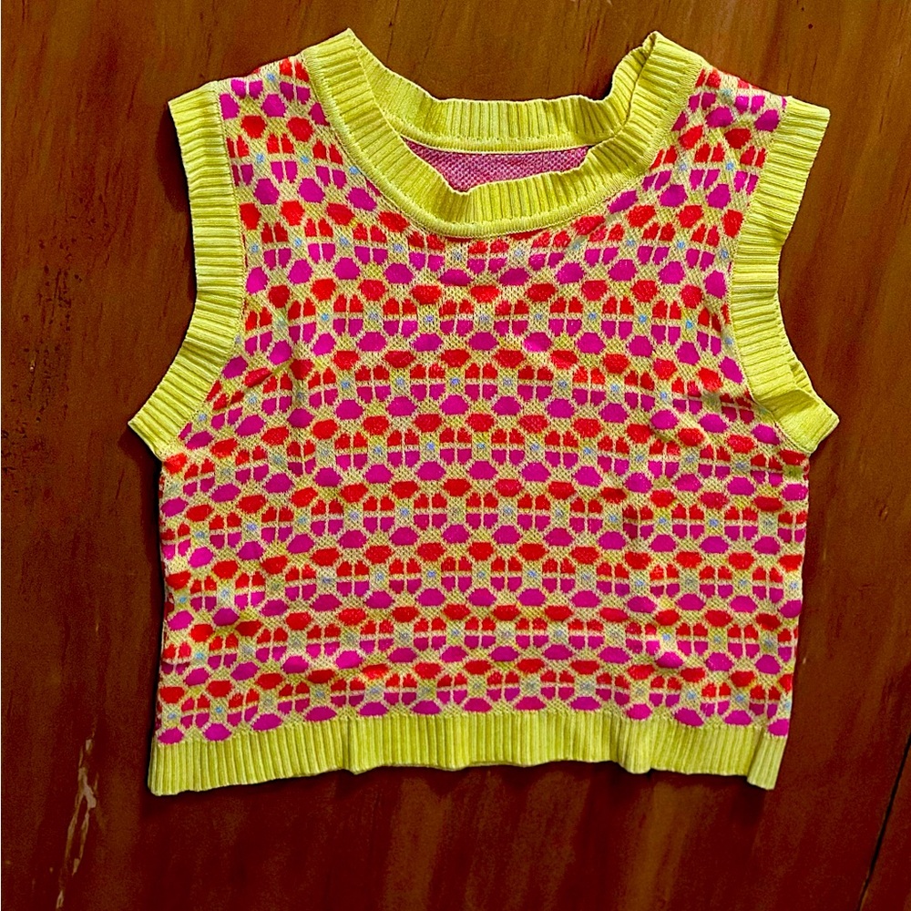Colorful Pink & Yellow Geometric Patterned  Sleeveless Knitted Sweater Vest Sz:S